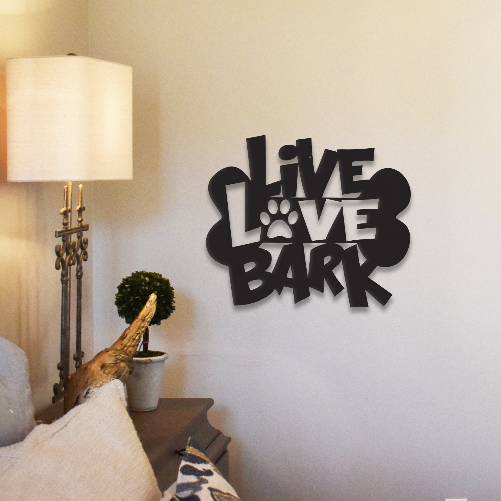 Live Love Bark metal wall art decor featuring a playful design celebrating pets, suitable for indoor and outdoor use.