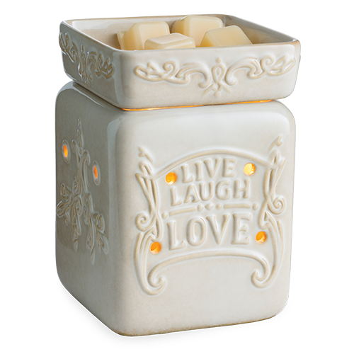 Live Well Illumination Warmer with ivory reactive glaze and inspirational message, featuring a removable dish and warming bulb.