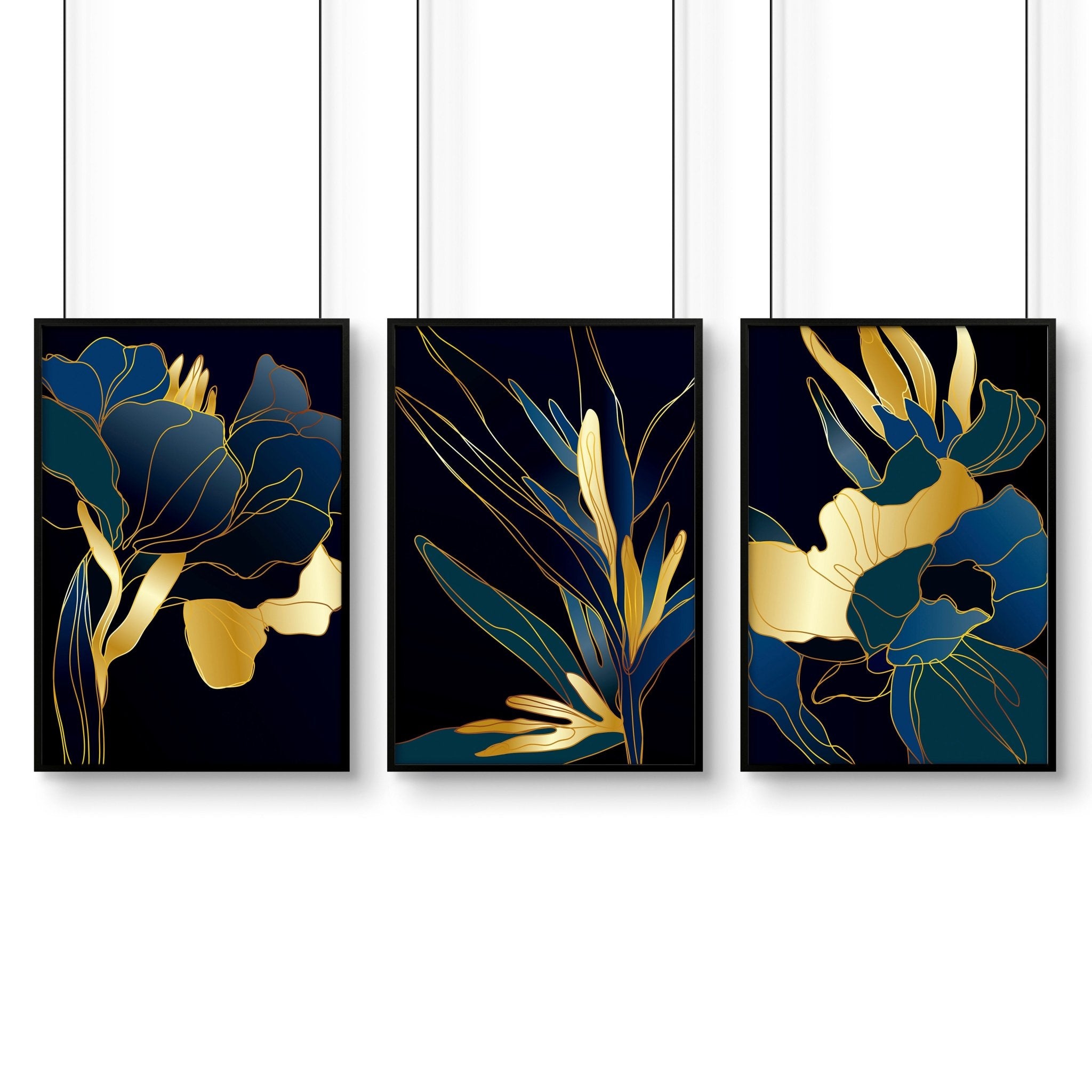 Set of 3 teal wall art prints featuring modern botanical designs in vibrant colors, perfect for enhancing living room decor.