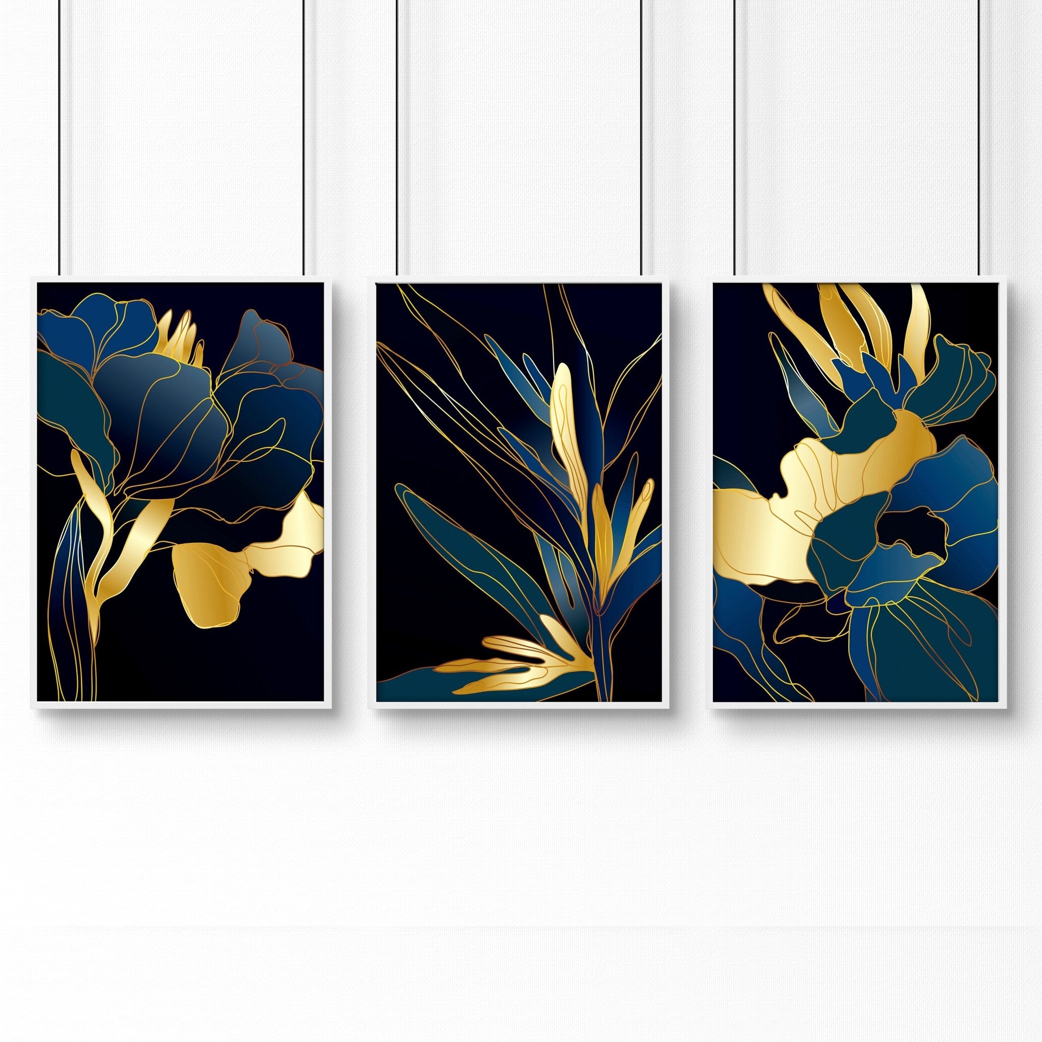 Set of 3 teal wall art prints featuring modern botanical designs in vibrant colors, perfect for enhancing living room decor.