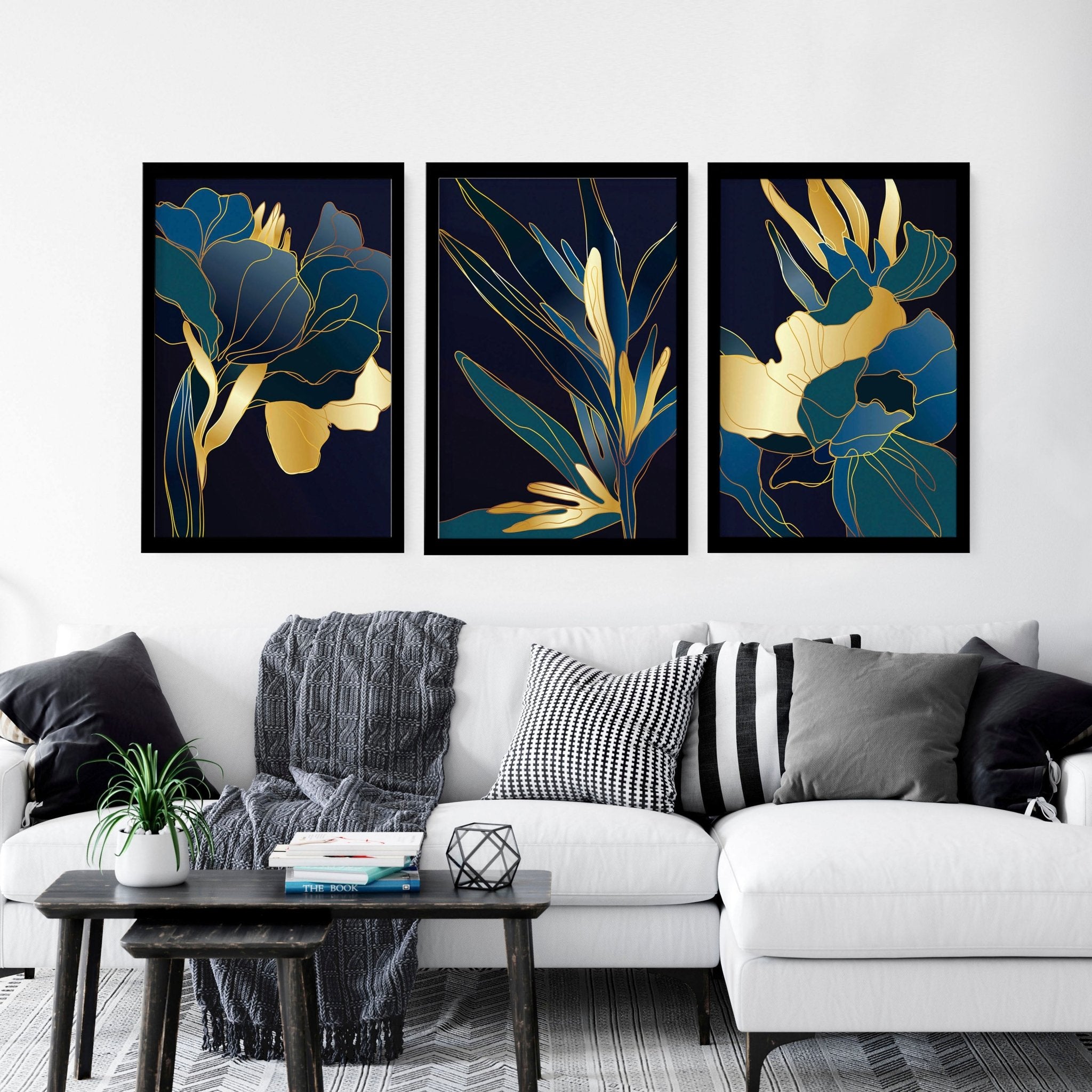 Set of 3 teal wall art prints featuring modern botanical designs in vibrant colors, perfect for enhancing living room decor.