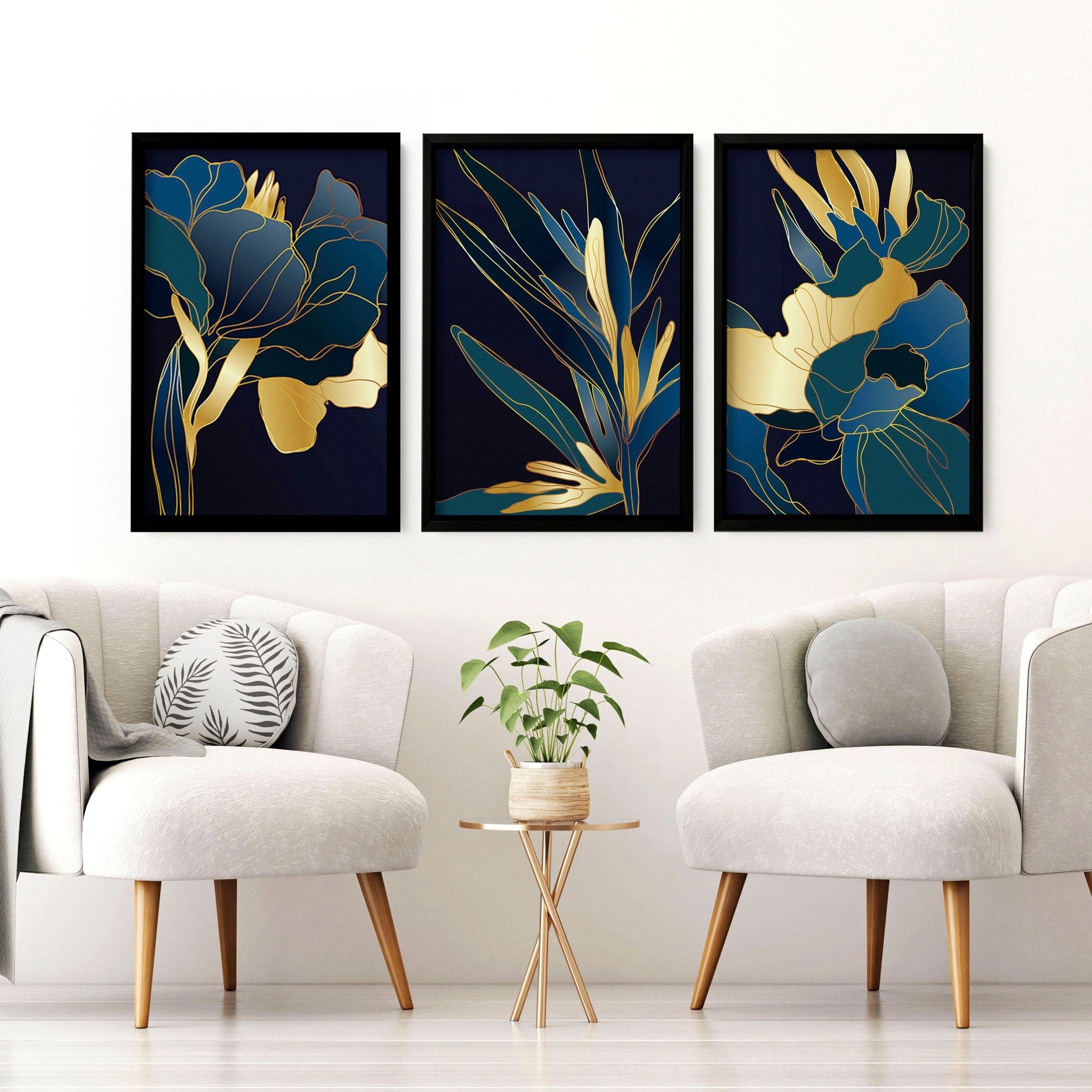 Set of 3 teal wall art prints featuring modern botanical designs in vibrant colors, perfect for enhancing living room decor.