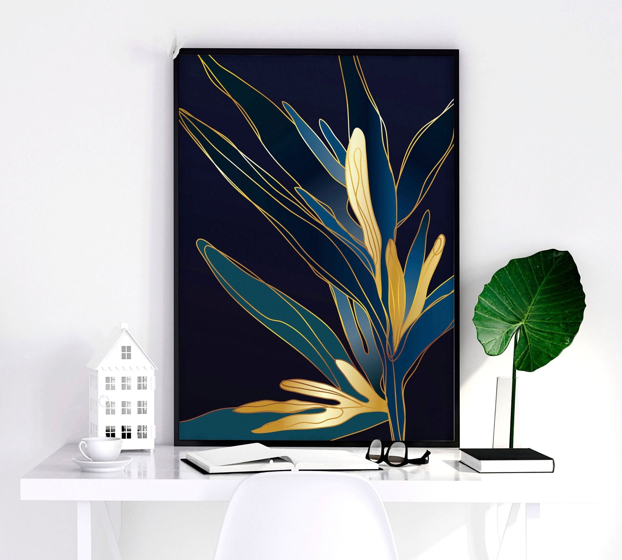 Set of 3 teal wall art prints featuring modern botanical designs in vibrant colors, perfect for enhancing living room decor.