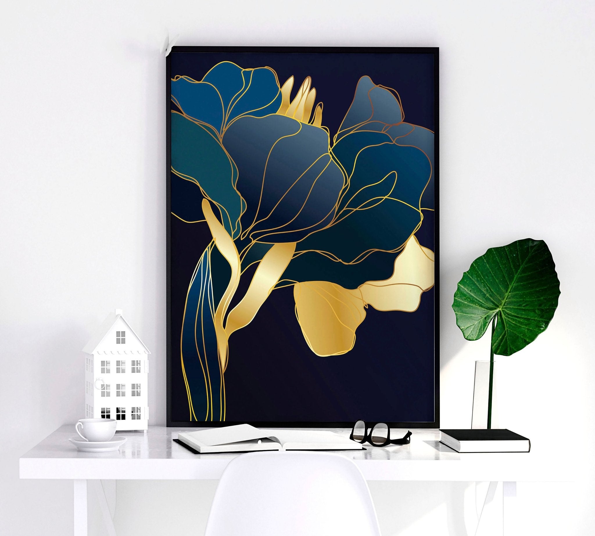 Set of 3 teal wall art prints featuring modern botanical designs in vibrant colors, perfect for enhancing living room decor.