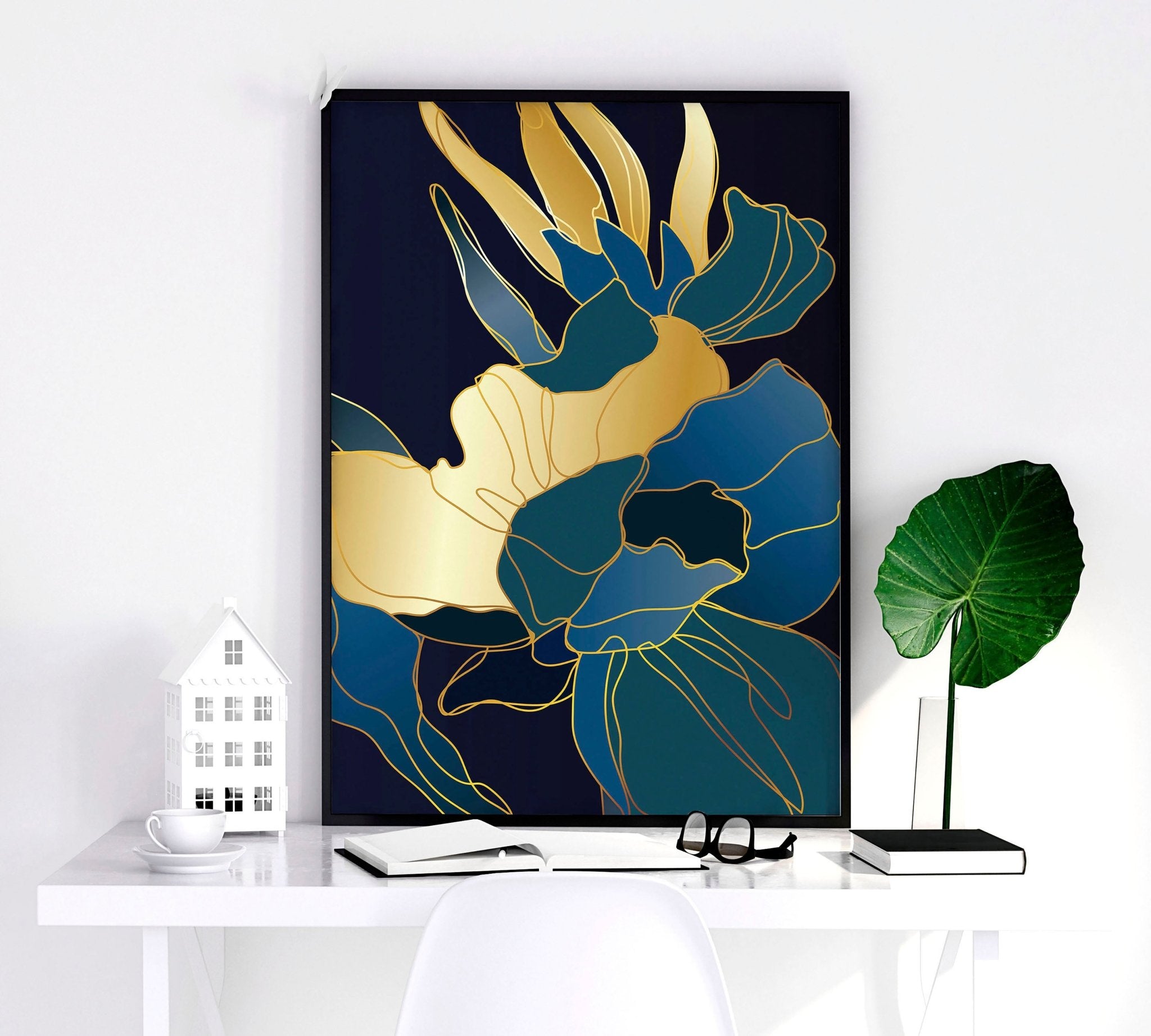 Set of 3 teal wall art prints featuring modern botanical designs in vibrant colors, perfect for enhancing living room decor.