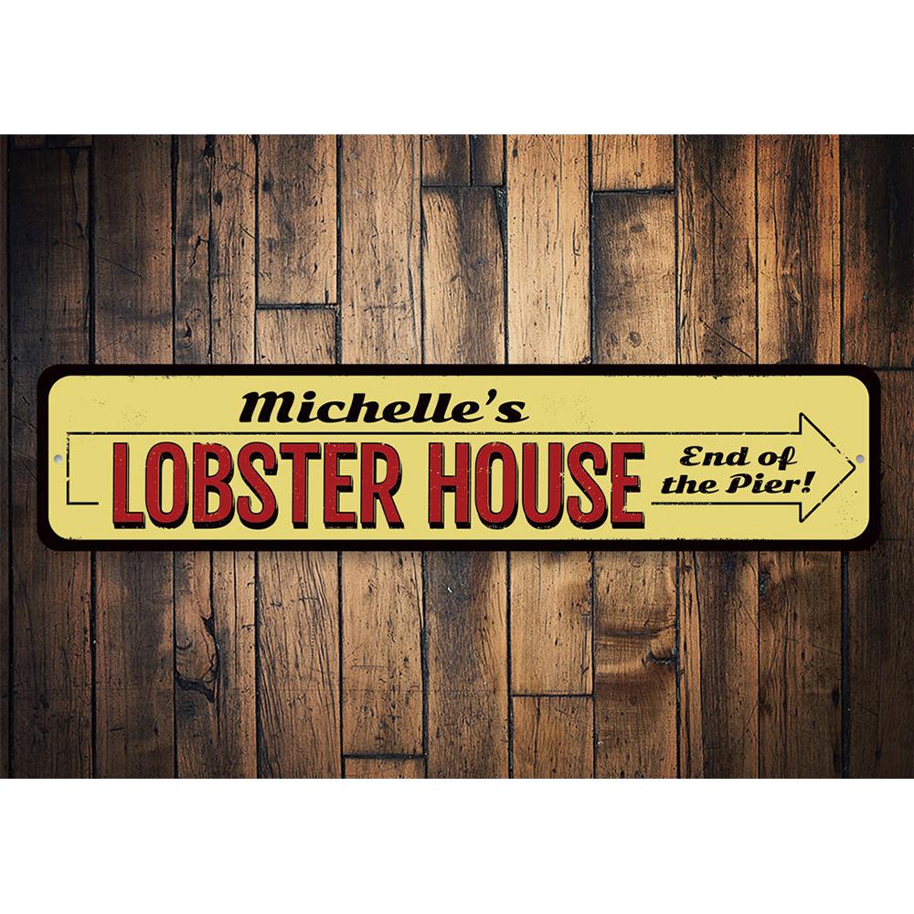 A beautifully crafted Lobster House Sign made from high-quality aluminum, featuring vibrant colors and customizable text, perfect for coastal decor.