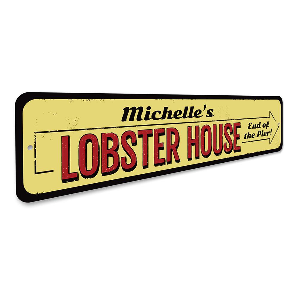 A beautifully crafted Lobster House Sign made from high-quality aluminum, featuring vibrant colors and customizable text, perfect for coastal decor.