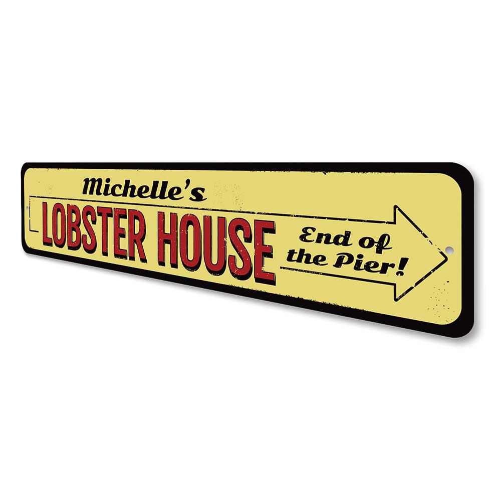 A beautifully crafted Lobster House Sign made from high-quality aluminum, featuring vibrant colors and customizable text, perfect for coastal decor.