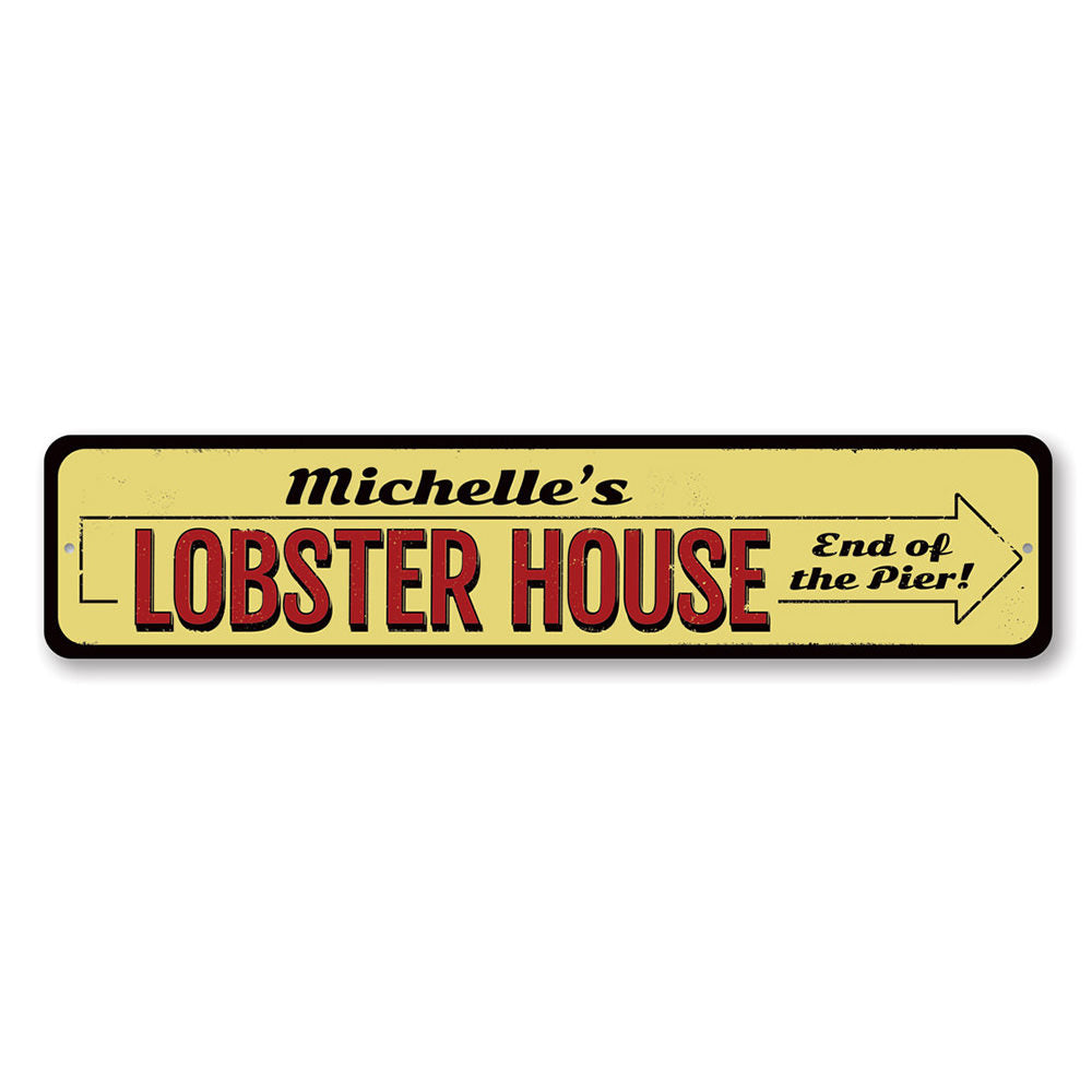 A beautifully crafted Lobster House Sign made from high-quality aluminum, featuring vibrant colors and customizable text, perfect for coastal decor.