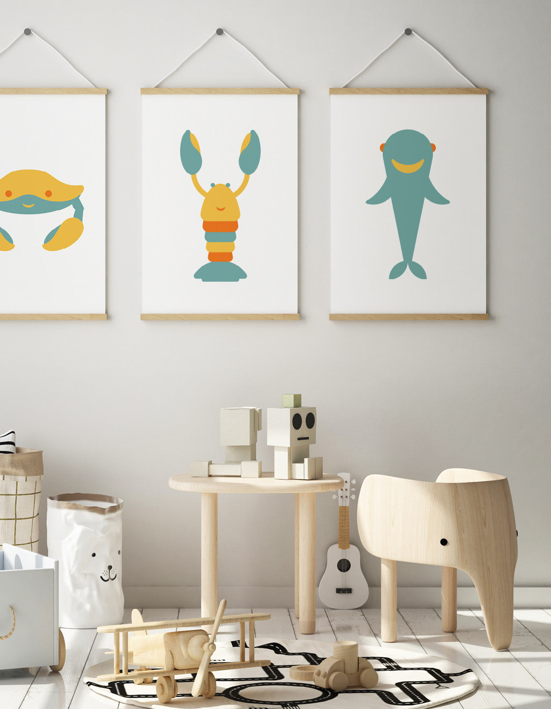 A vibrant lobster poster designed for nautical-themed nurseries, featuring detailed illustration and bright colors.