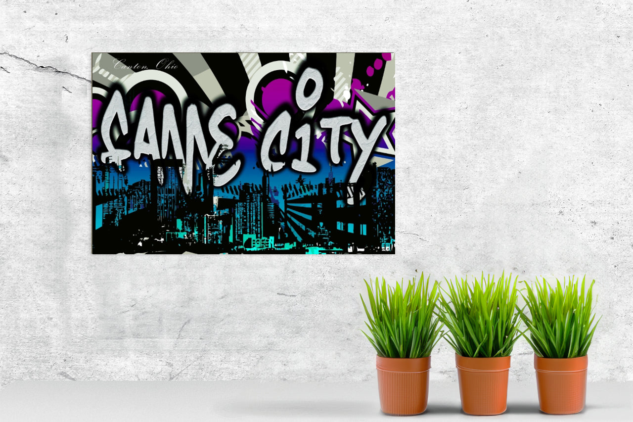 Local Fame City Scape-Line Poster Print framed in a solid MDF wood frame, showcasing vibrant cityscape graphics with a matte finish.