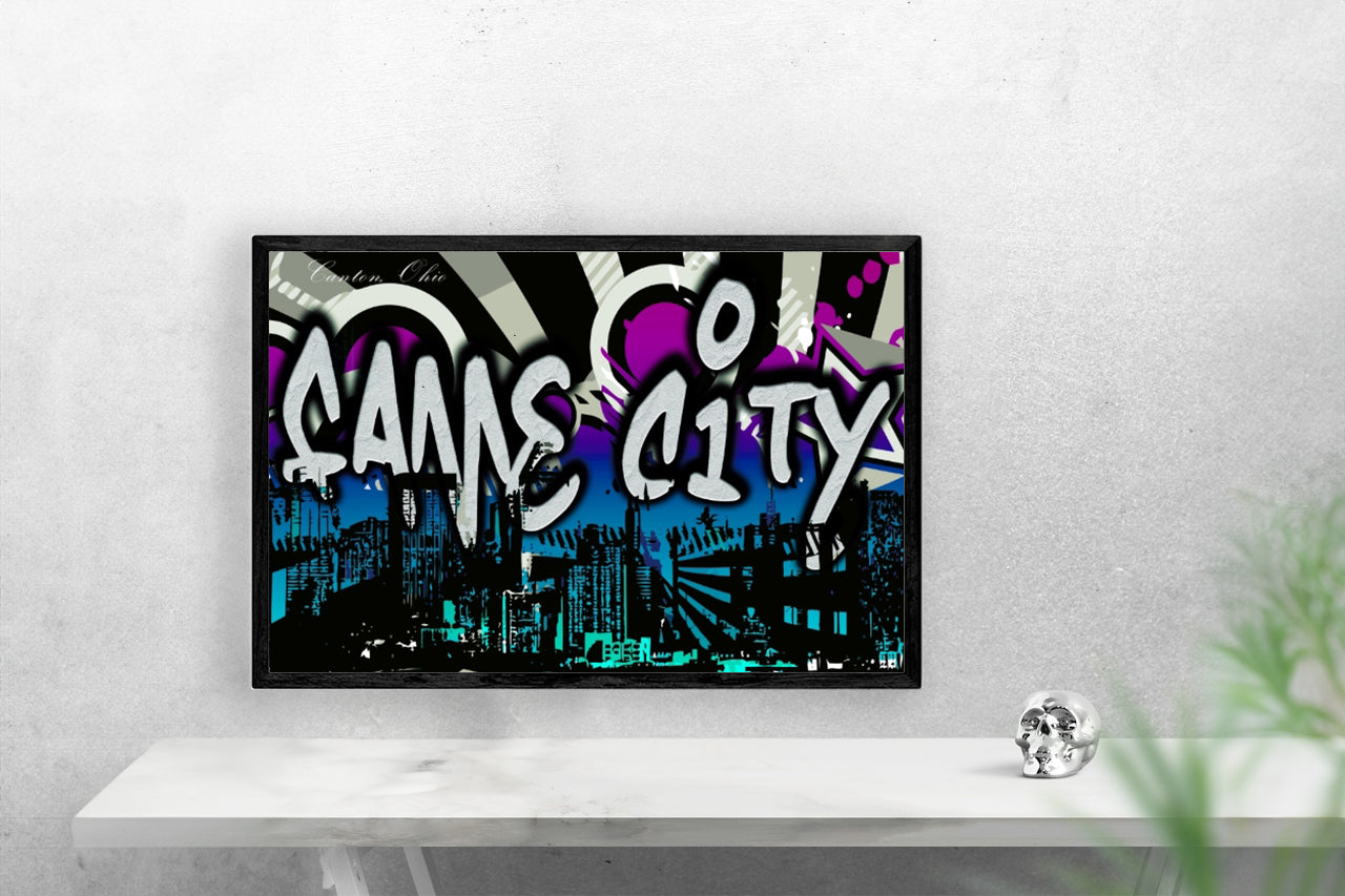 Local Fame City Scape-Line Poster Print framed in a solid MDF wood frame, showcasing vibrant cityscape graphics with a matte finish.