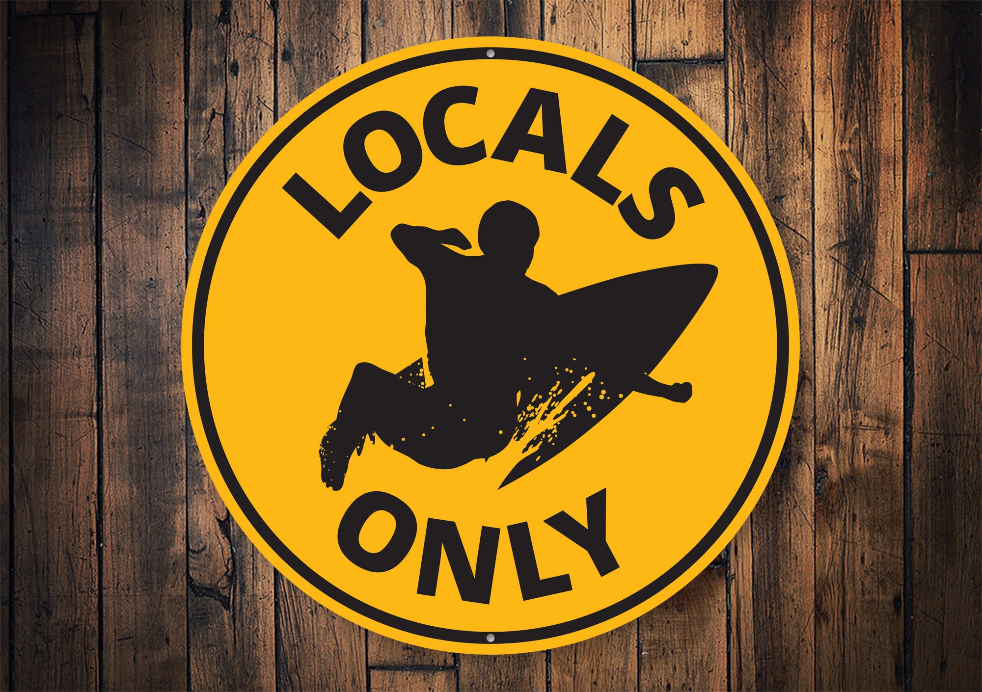 Locals Only Surfing Sign made of aluminum, featuring vibrant colors and a beach-themed design, perfect for coastal decor.