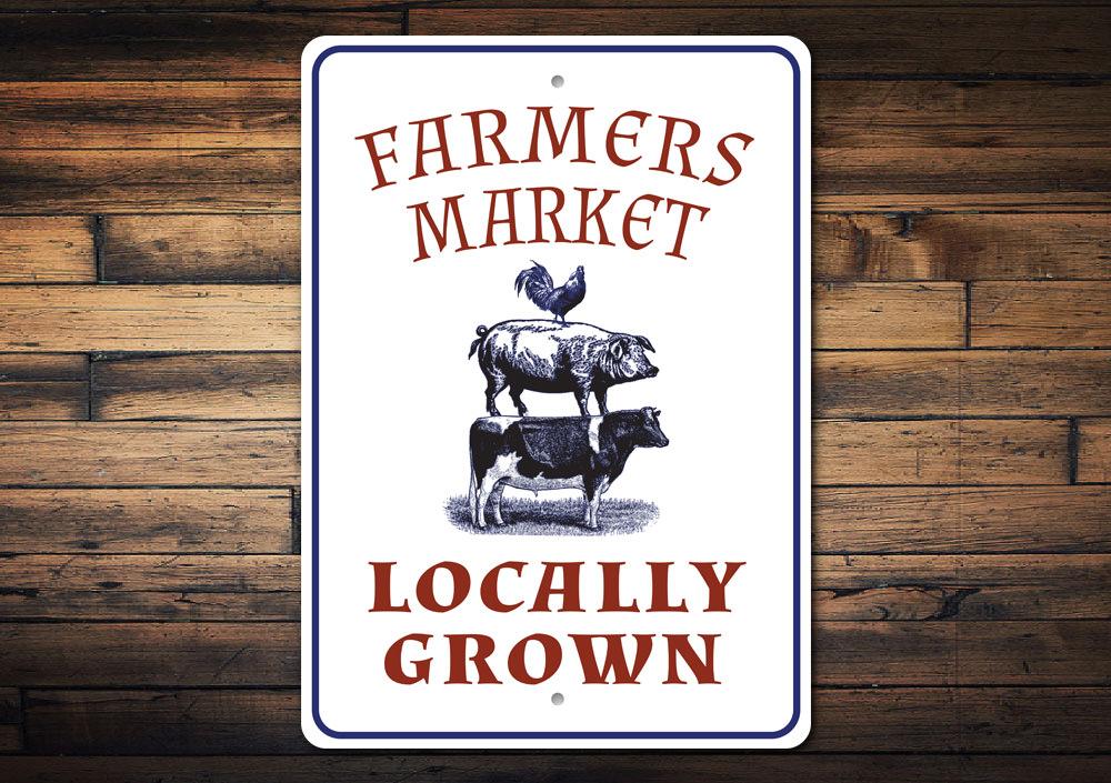 A vibrant Locally Grown Farmer's Market Sign made from high-quality aluminum, showcasing a rustic design perfect for home decor.