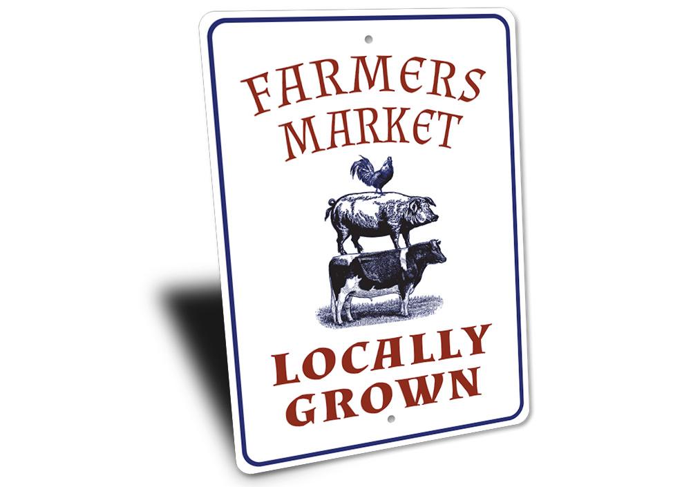 A vibrant Locally Grown Farmer's Market Sign made from high-quality aluminum, showcasing a rustic design perfect for home decor.