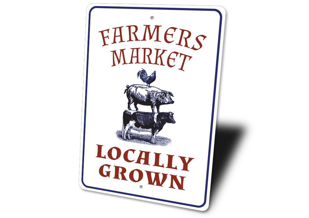 A vibrant Locally Grown Farmer's Market Sign made from high-quality aluminum, showcasing a rustic design perfect for home decor.