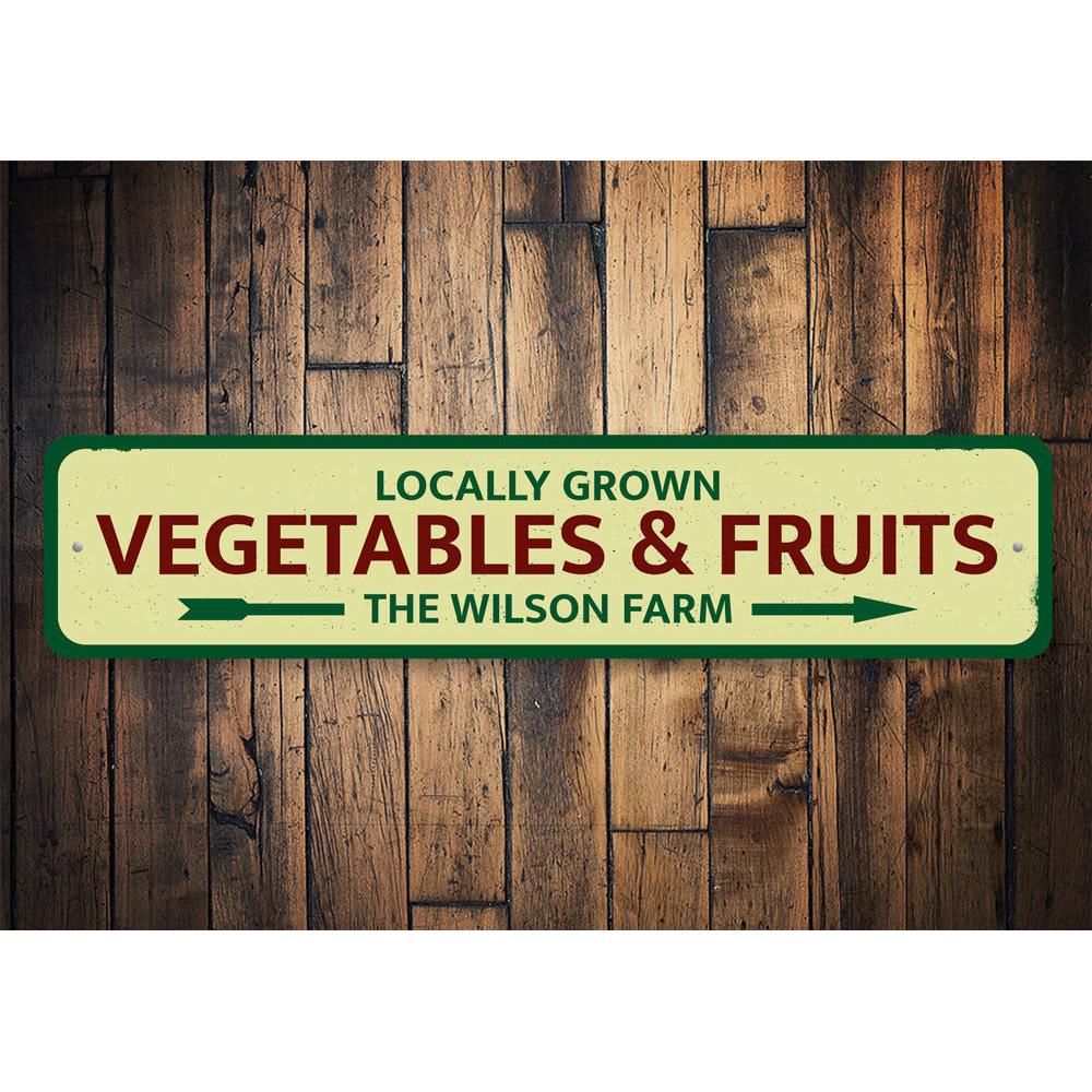 A decorative Locally Grown Vegetables & Fruits Sign made of high-quality aluminum, featuring vibrant colors and customizable text options.