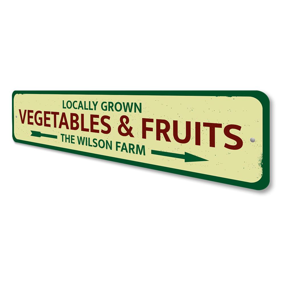 A decorative Locally Grown Vegetables & Fruits Sign made of high-quality aluminum, featuring vibrant colors and customizable text options.