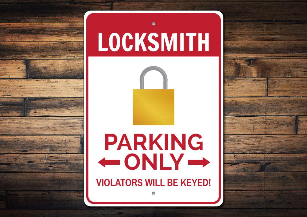 A customizable Locksmith Parking Sign made of high-quality aluminum, featuring pre-drilled holes for easy mounting, showcasing vibrant colors and personalized text.