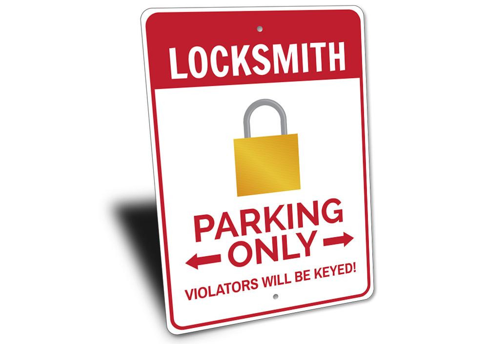 A customizable Locksmith Parking Sign made of high-quality aluminum, featuring pre-drilled holes for easy mounting, showcasing vibrant colors and personalized text.