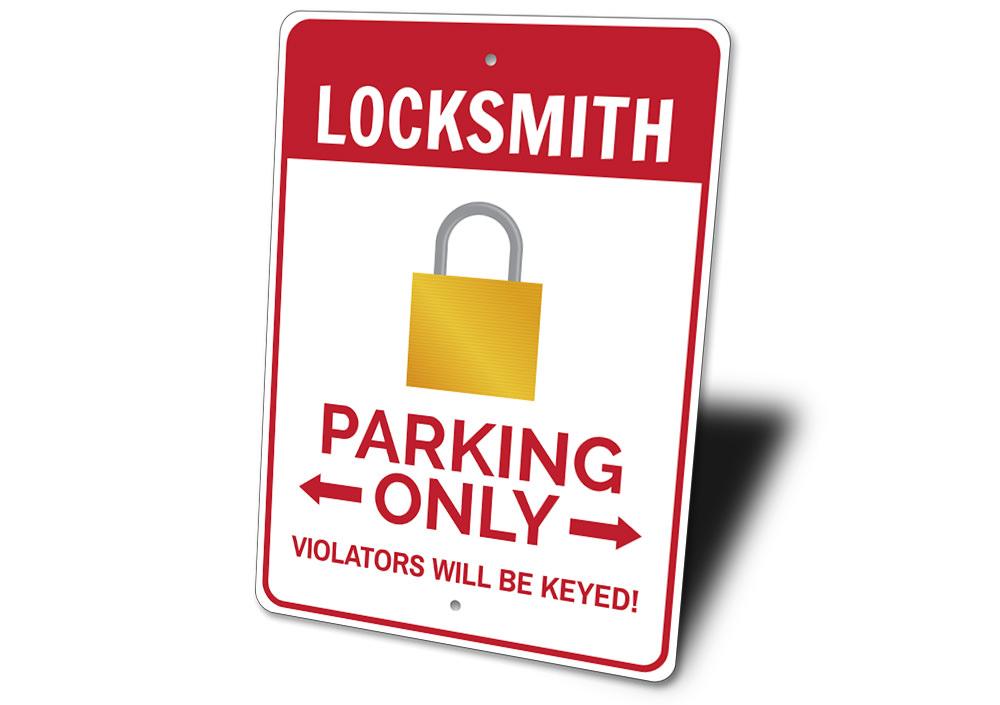 A customizable Locksmith Parking Sign made of high-quality aluminum, featuring pre-drilled holes for easy mounting, showcasing vibrant colors and personalized text.