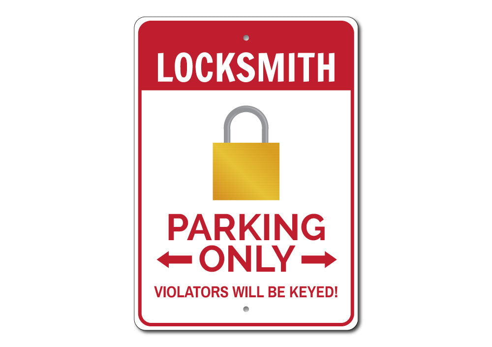 A customizable Locksmith Parking Sign made of high-quality aluminum, featuring pre-drilled holes for easy mounting, showcasing vibrant colors and personalized text.