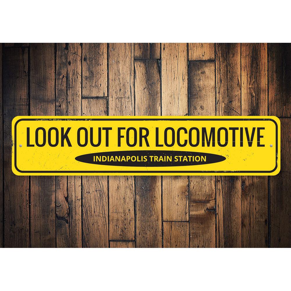 Look Out For Locomotive Sign made of high-quality aluminum, featuring a decorative design suitable for indoor and outdoor use.