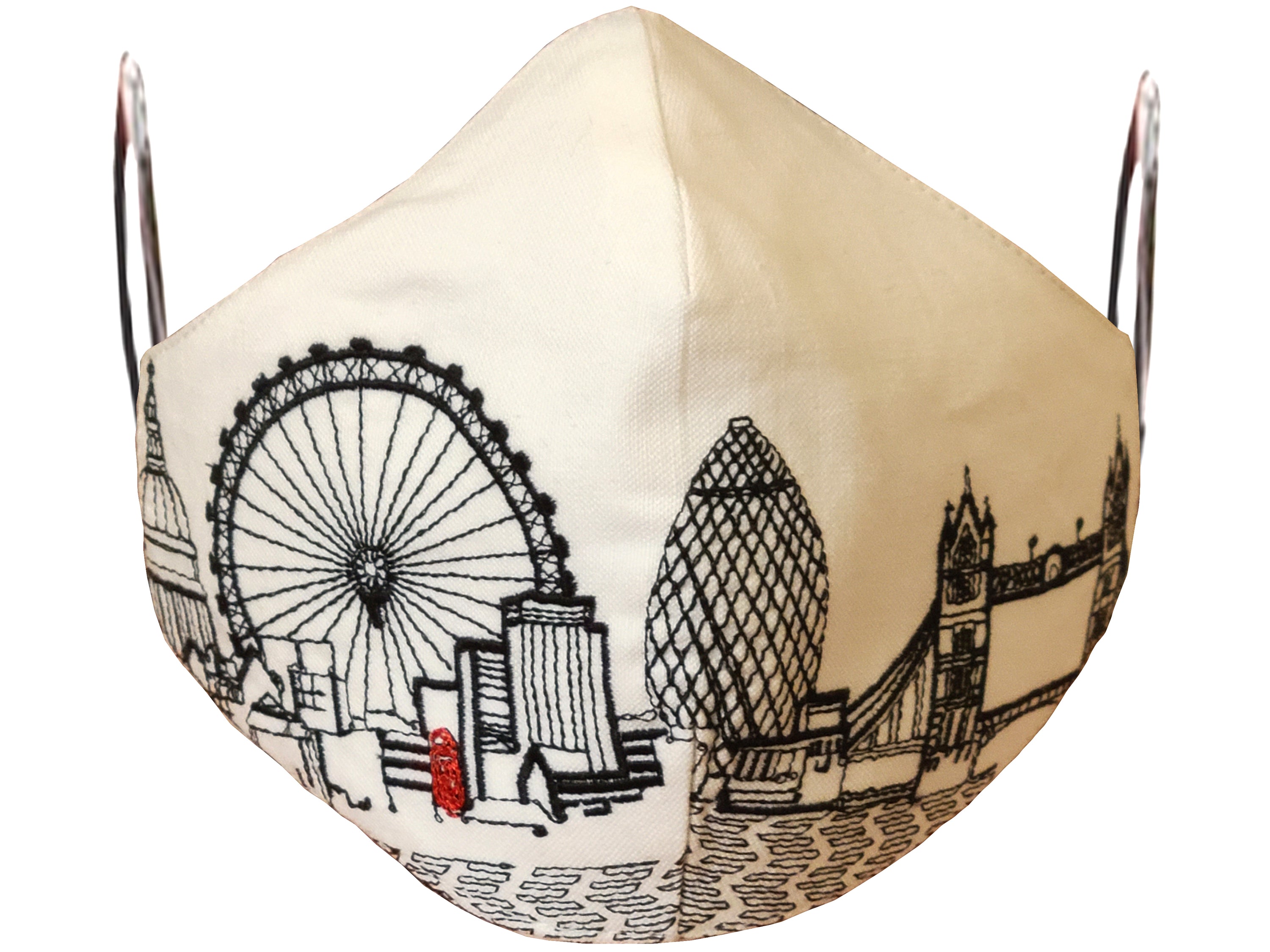 London skyline embroidered face mask made of linen and cotton with soft cotton lining and elastic loops.