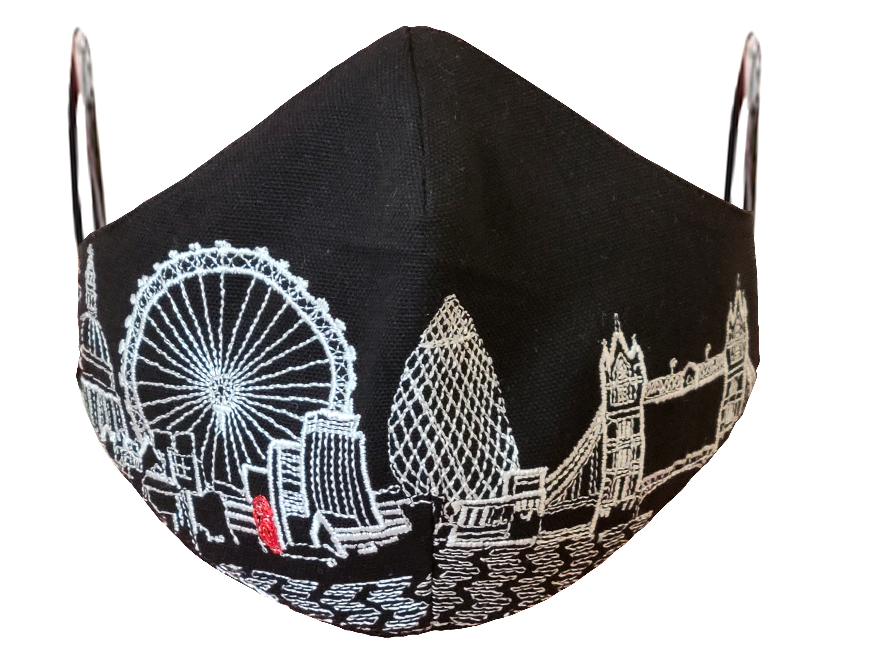 London skyline embroidered face mask made of linen and cotton with soft cotton lining and elastic loops.