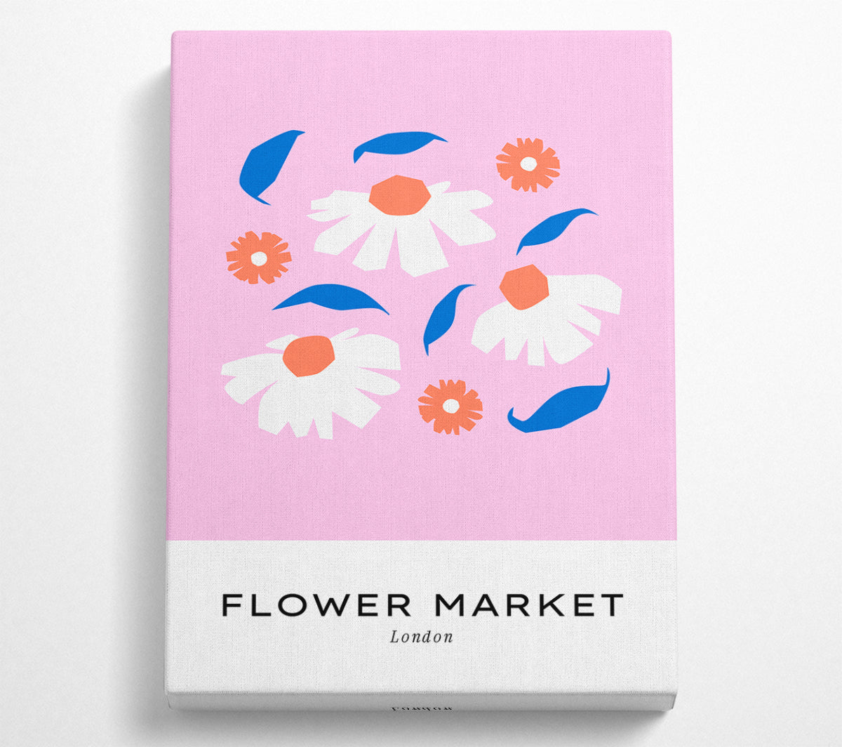 A vibrant artwork depicting the London Flower Market, featuring colorful flowers and a lively atmosphere, mounted on a sturdy box frame.