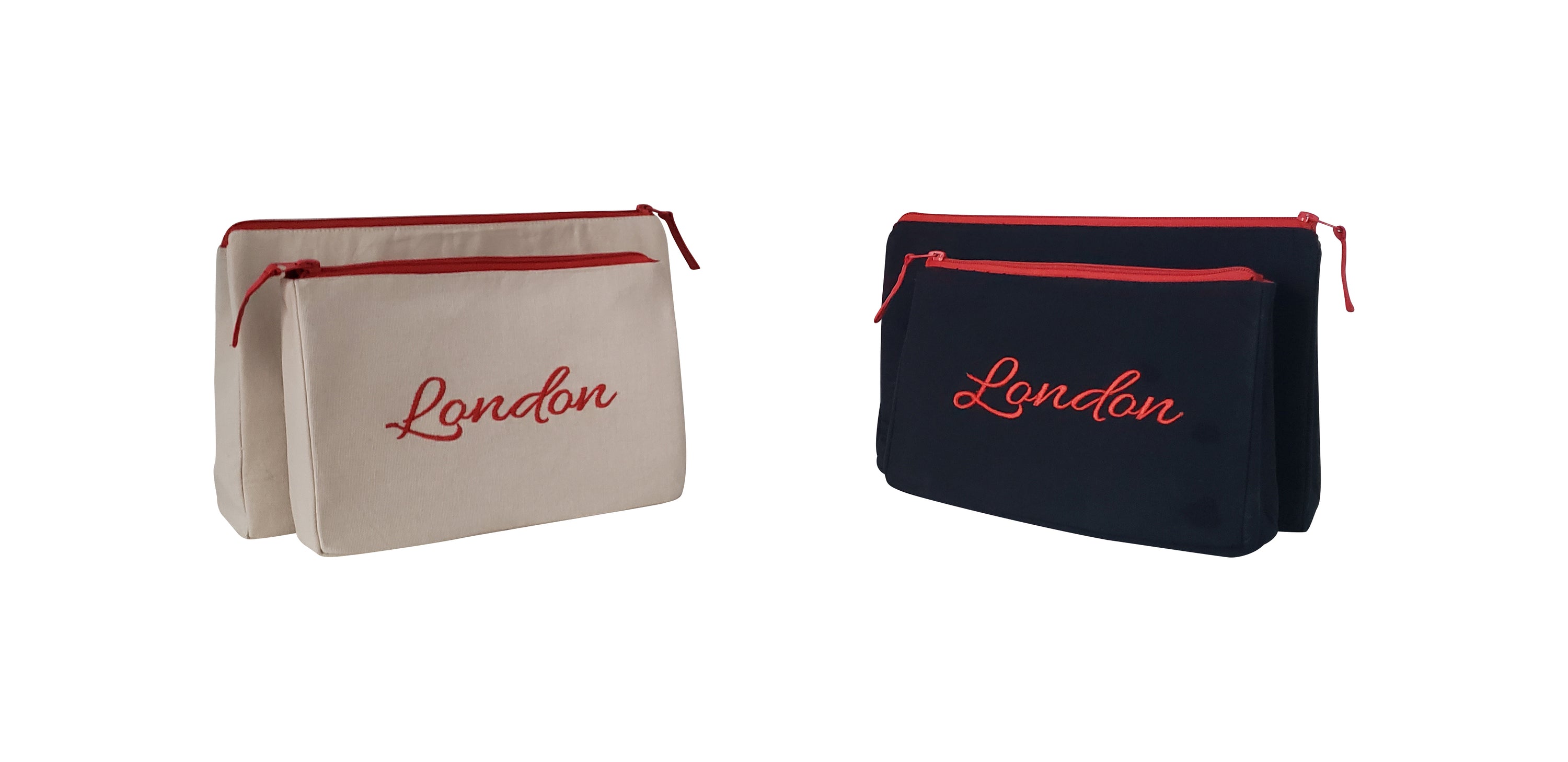 London Makeup Bag set featuring embroidered skyline design on cotton canvas in cream and black colors.