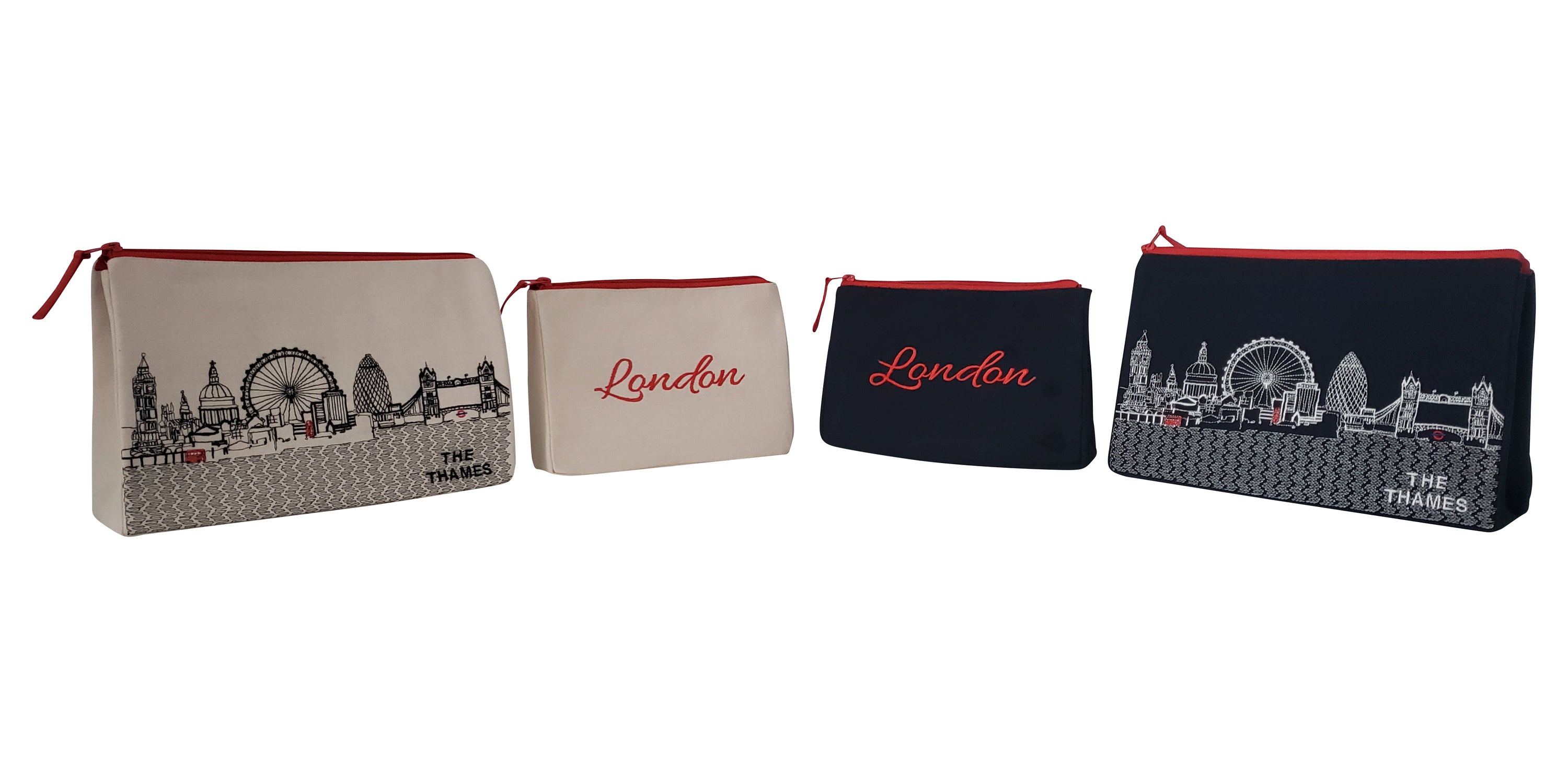 London Makeup Bag set featuring embroidered skyline design on cotton canvas in cream and black colors.