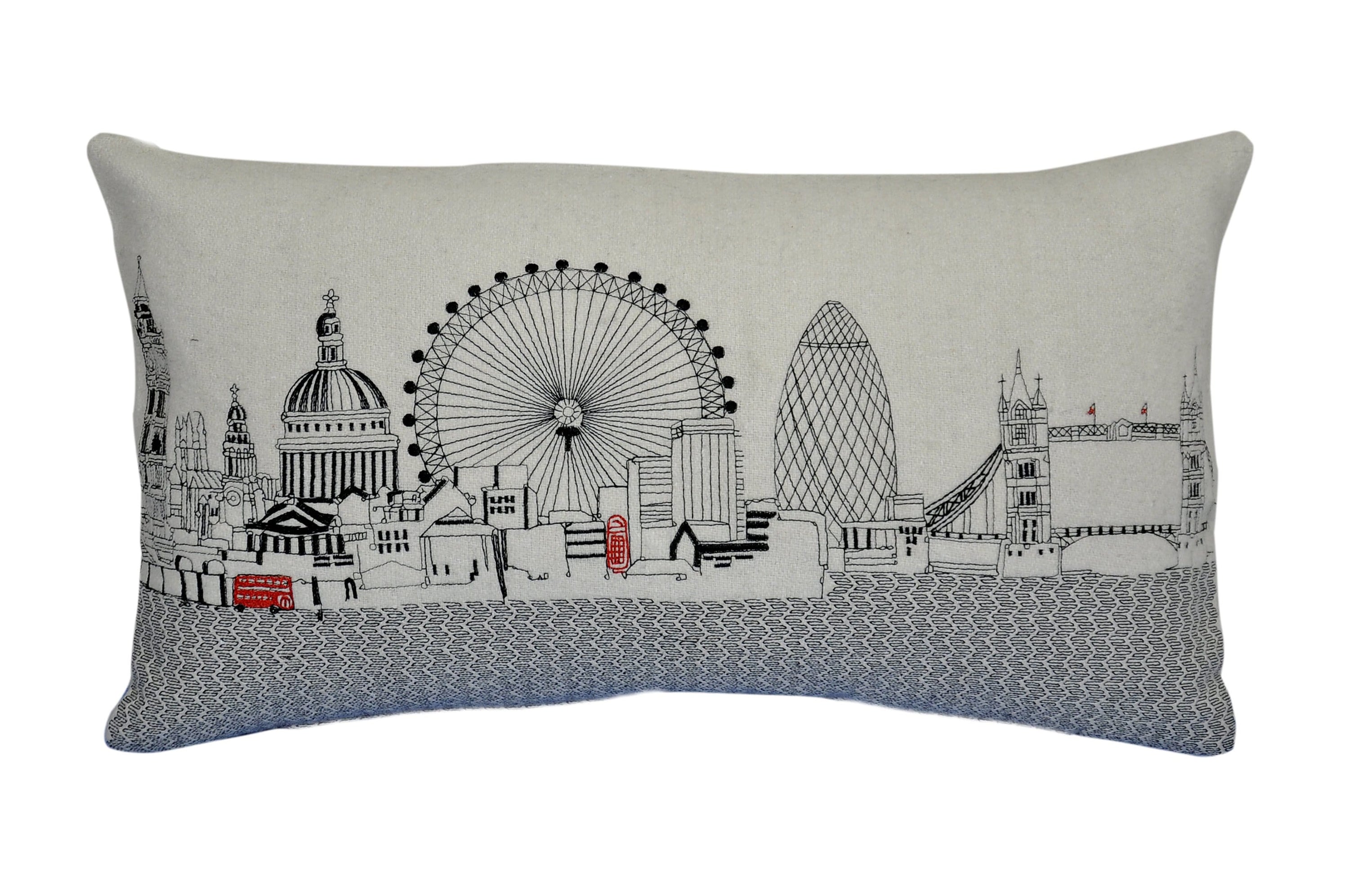 Luxurious London Pillow featuring embroidered landmarks like Big Ben and the London Eye, with a red zipper at the bottom.