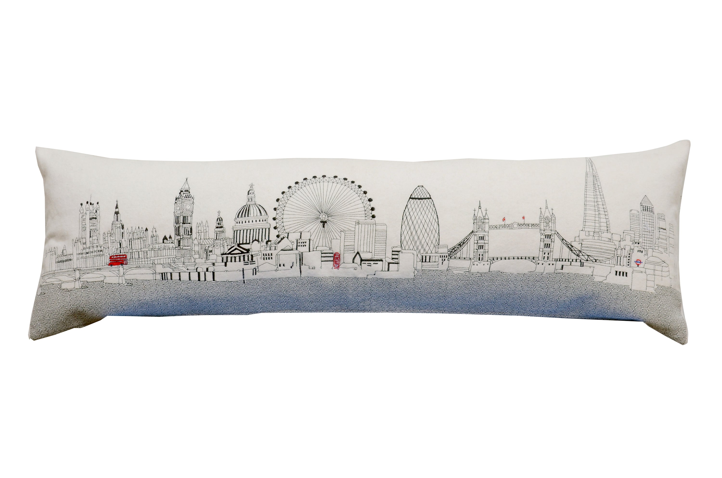 Luxurious London Pillow featuring embroidered landmarks like Big Ben and the London Eye, with a red zipper at the bottom.