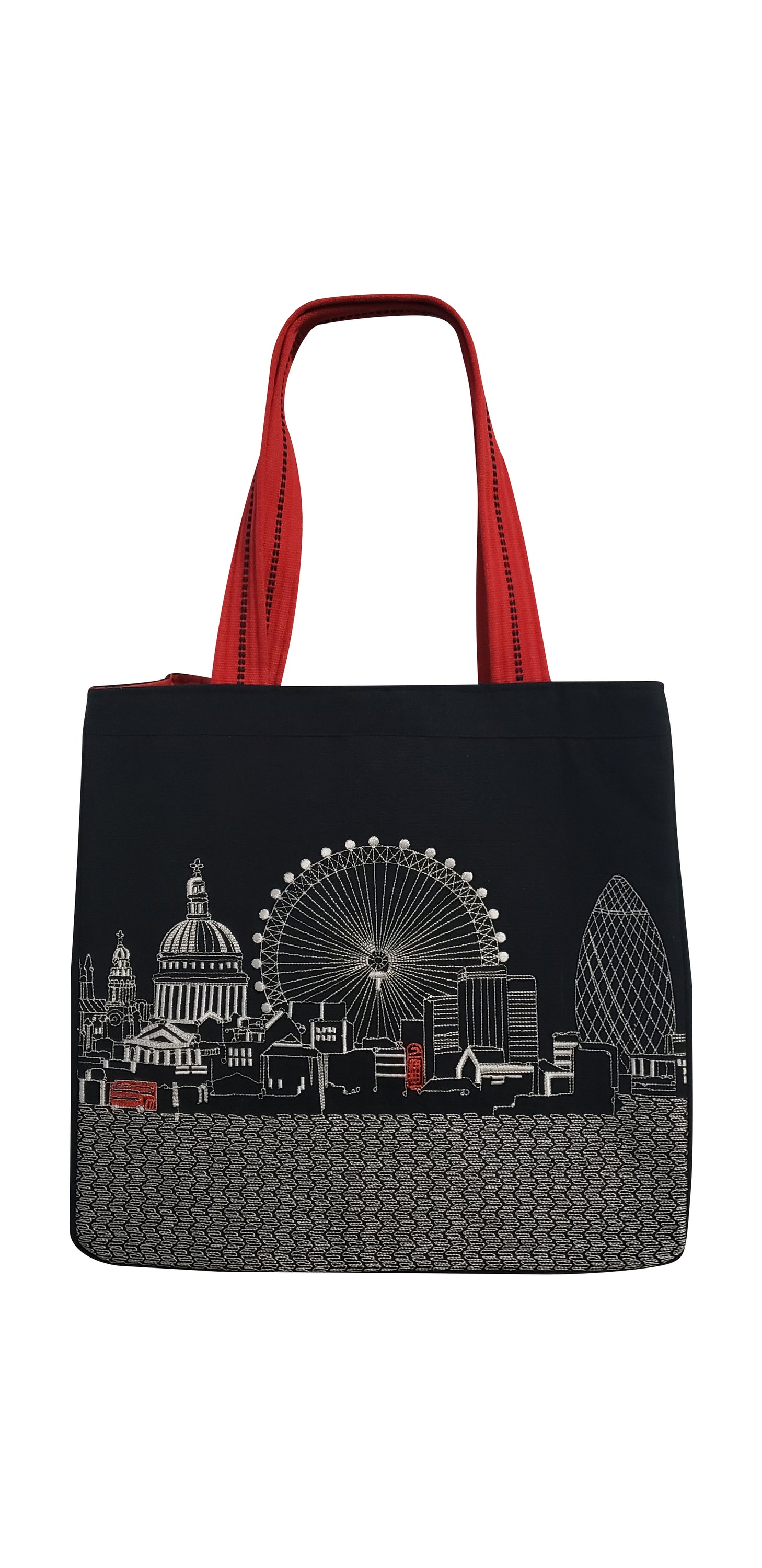 Stylish London Tote Bag with embroidered skyline design in cream and black colors, featuring red waterproof lining and ribbed straps.