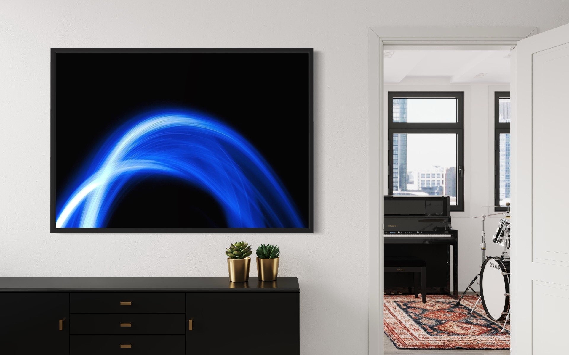 Long Exposure Black and Blue Print featuring a vibrant blue burst against a dark background, creating a captivating visual contrast.