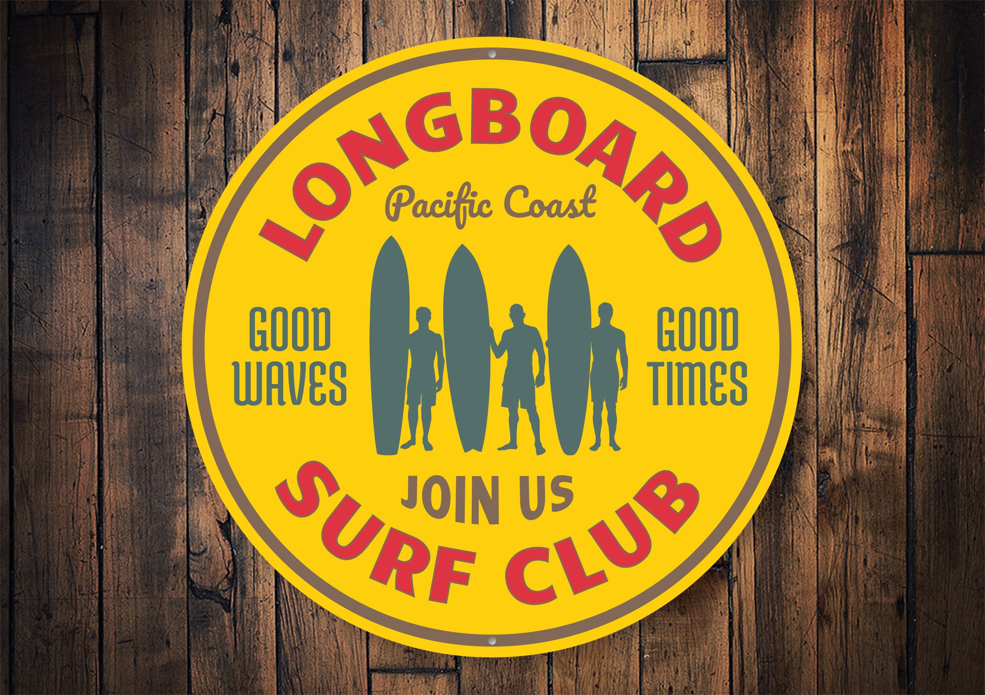 Longboard Surf Club Sign made of high-quality aluminum, featuring a beach-themed design perfect for surf enthusiasts.