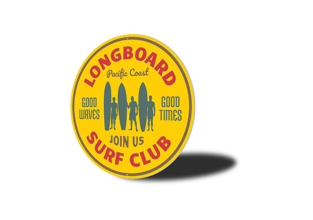 Longboard Surf Club Sign made of high-quality aluminum, featuring a beach-themed design perfect for surf enthusiasts.