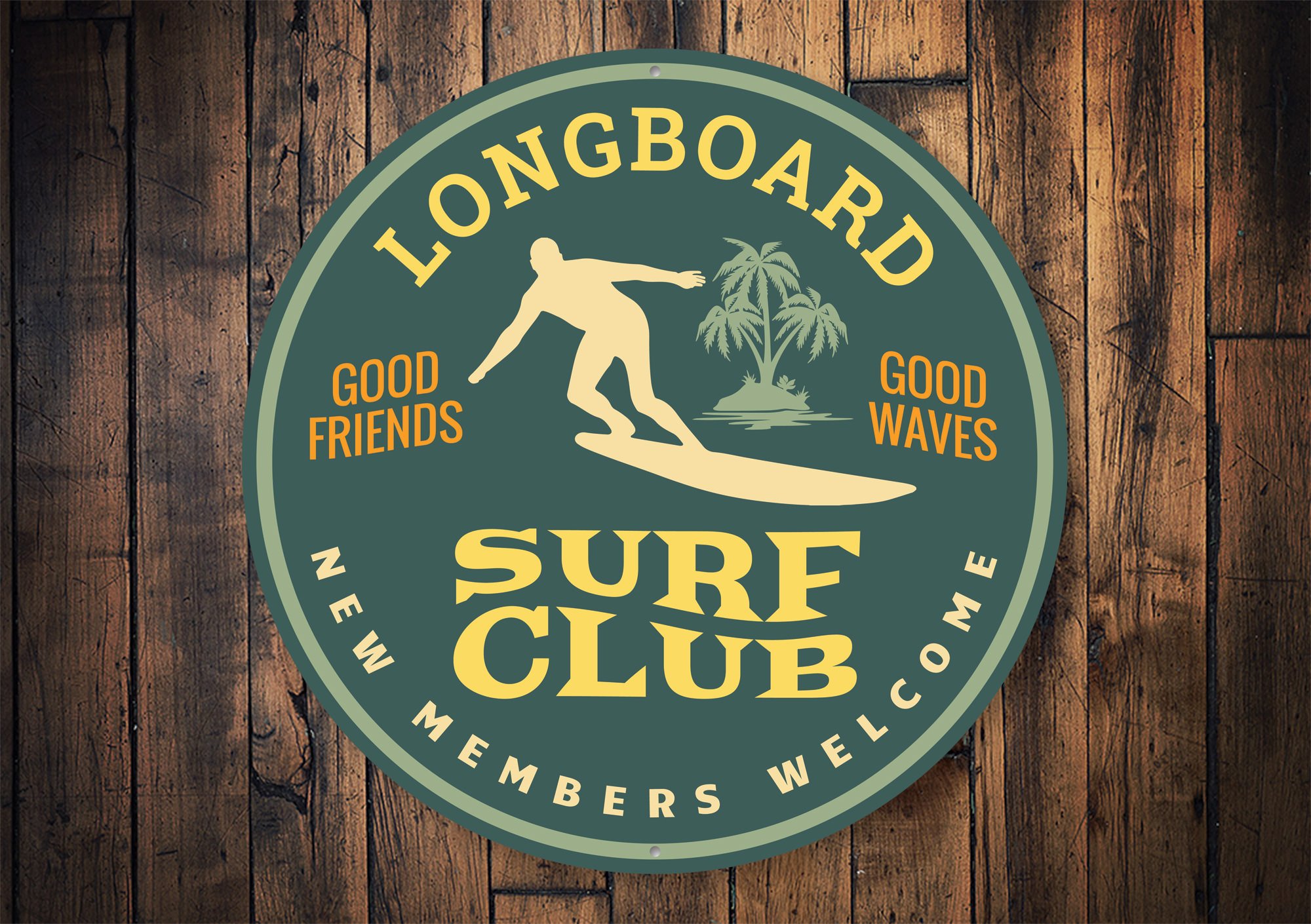 Longboard Surfing Sign made of durable aluminum, featuring vibrant colors and a beach-themed design, perfect for home or business decor.