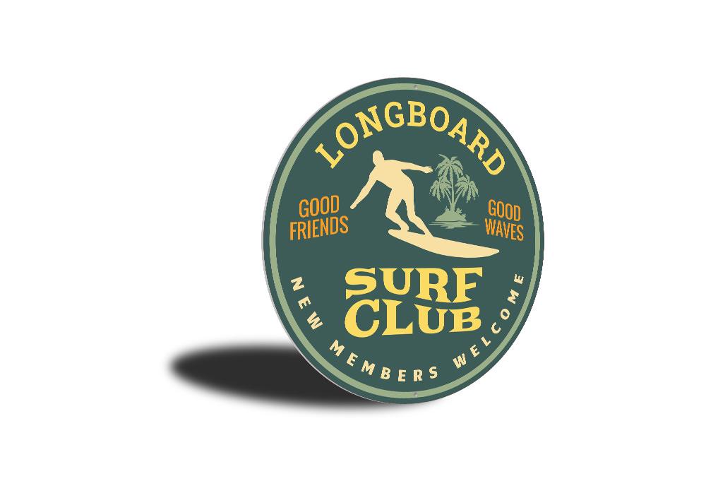 Longboard Surfing Sign made of durable aluminum, featuring vibrant colors and a beach-themed design, perfect for home or business decor.