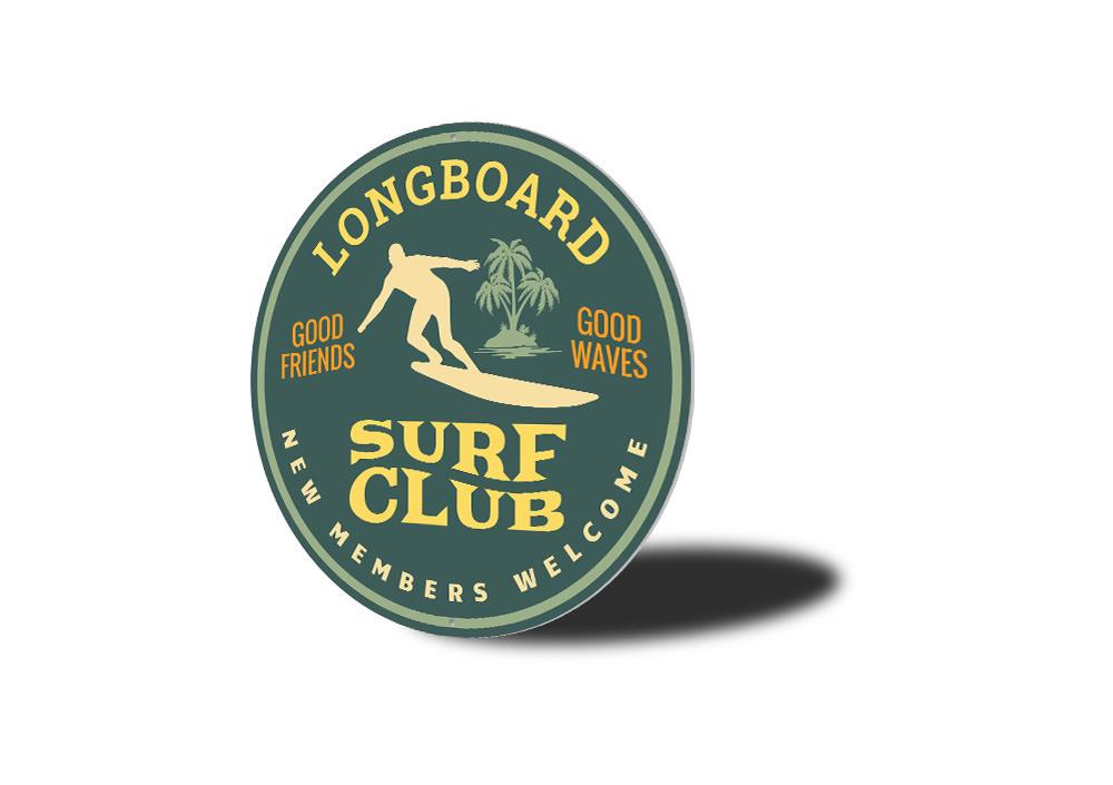 Longboard Surfing Sign made of durable aluminum, featuring vibrant colors and a beach-themed design, perfect for home or business decor.