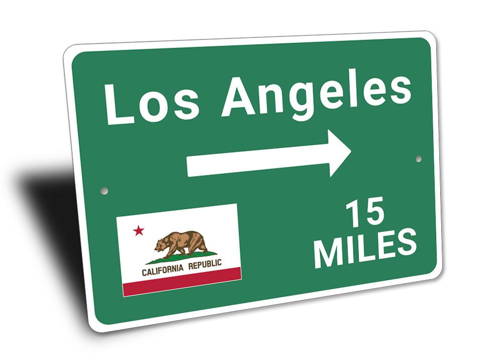 Los Angeles Mileage Sign made of durable aluminum, featuring customizable text and pre-drilled holes for easy mounting.