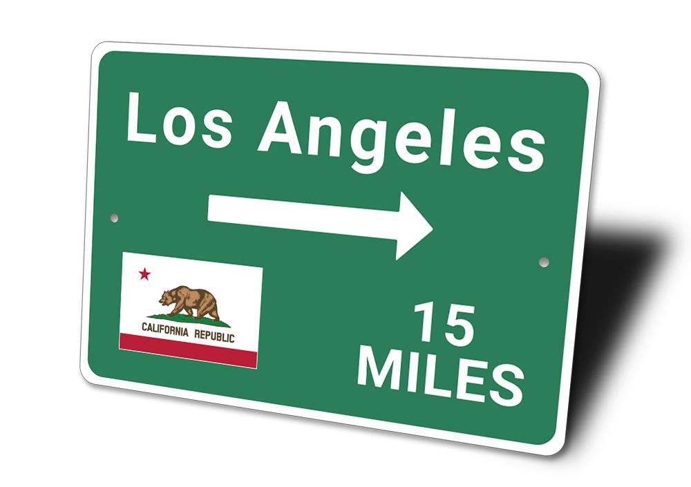 Los Angeles Mileage Sign made of durable aluminum, featuring customizable text and pre-drilled holes for easy mounting.