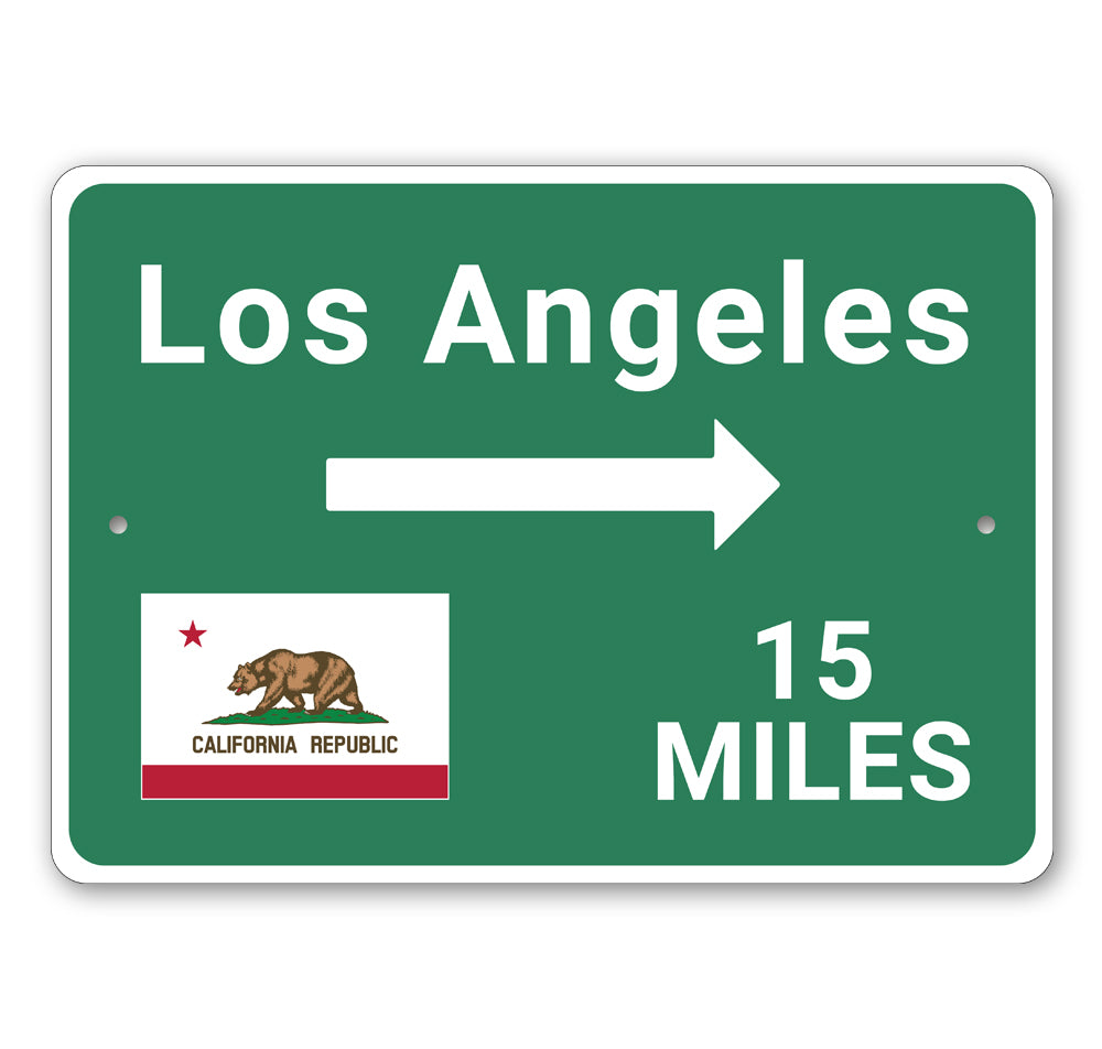 Los Angeles Mileage Sign made of durable aluminum, featuring customizable text and pre-drilled holes for easy mounting.