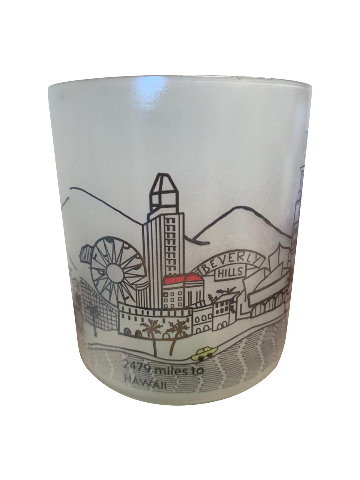 Los Angeles Skyline Glass Votive, a clear glass holder with skyline design, perfect for tealights and home decor.