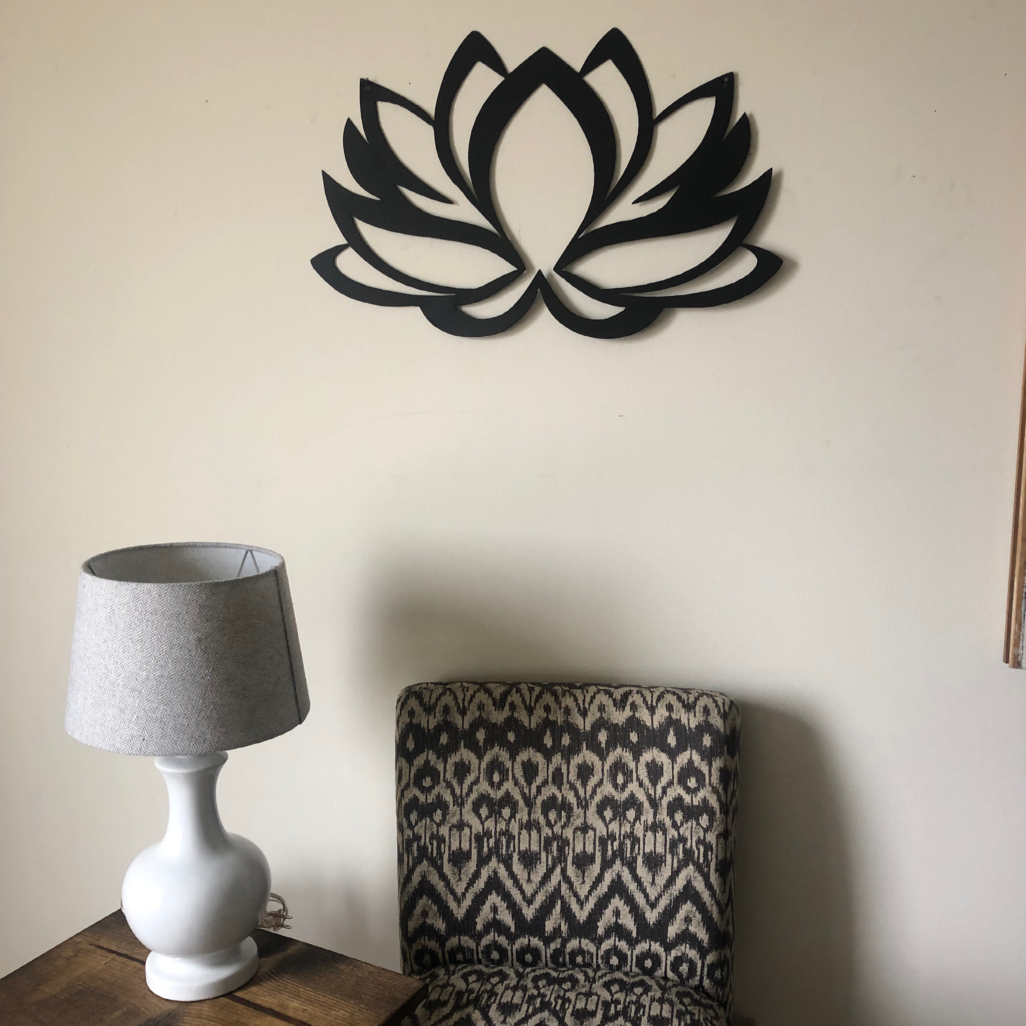 Lotus Metal Wall Art in black powder-coated finish, featuring an elegant lotus design, perfect for home decor.