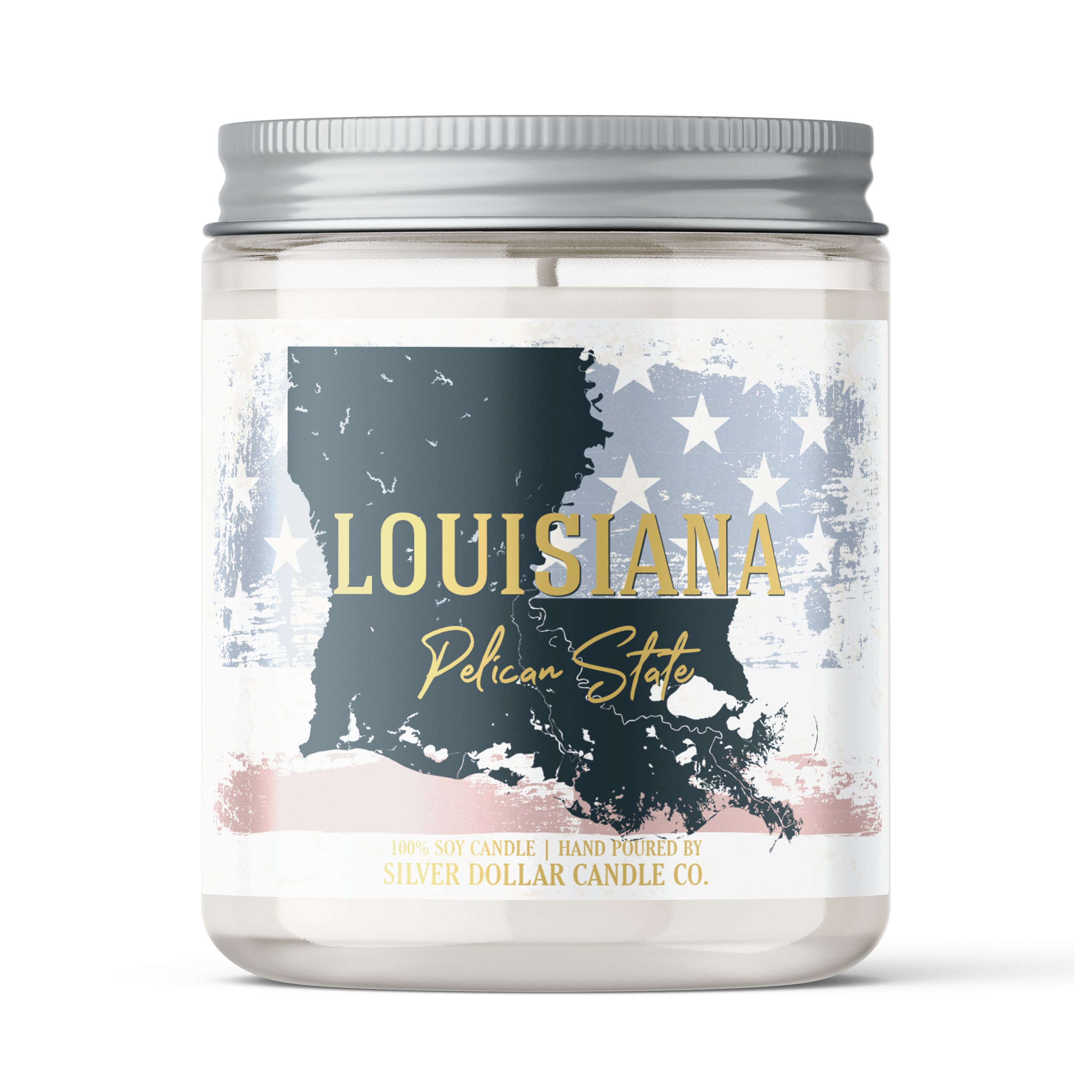 Louisiana State Candle in a decorative box, showcasing its unique scent and personalized lid option.