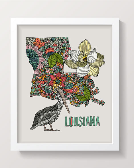 Louisiana State Map art print featuring the Brown Pelican and Magnolia flower, beautifully designed with pen and ink and digital coloring.