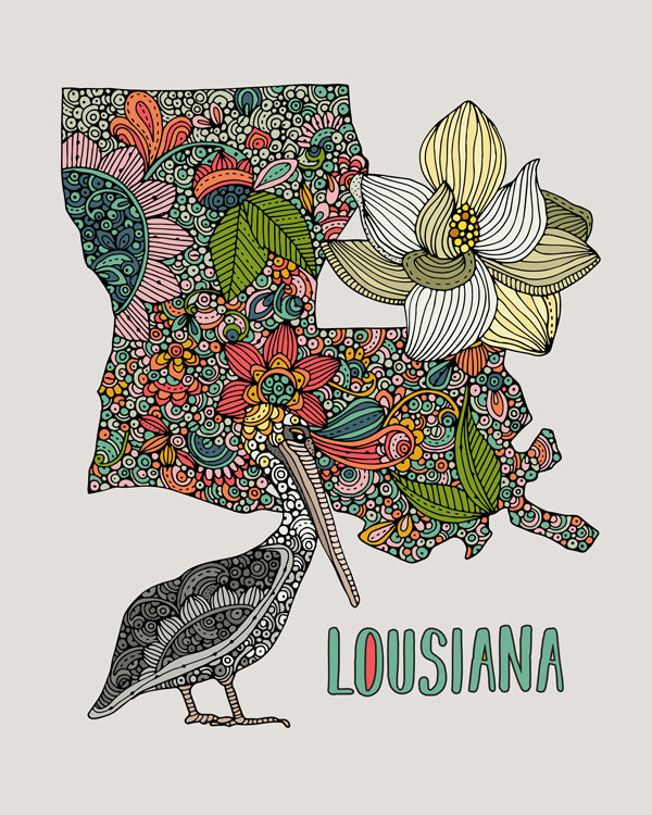 Louisiana State Map art print featuring the Brown Pelican and Magnolia flower, beautifully designed with pen and ink and digital coloring.