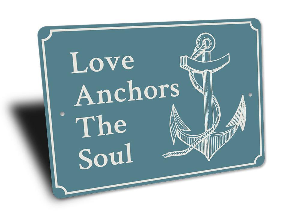 Love Anchors the Soul decorative wall sign made of aluminum, featuring a beach-themed design, perfect for coastal decor.